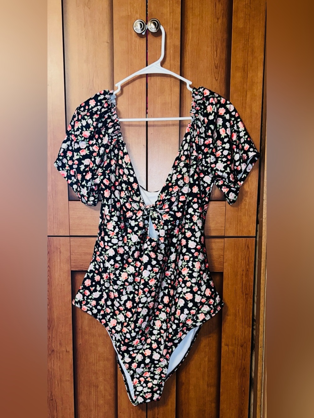 Plus Size Floral Tie-Front Black and Pink One Piece Swim Suit